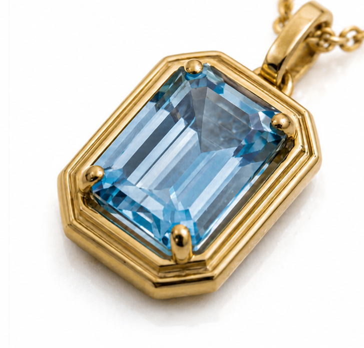 Elongated Aquamarine Pendant in 9ct Gold Curb Chain