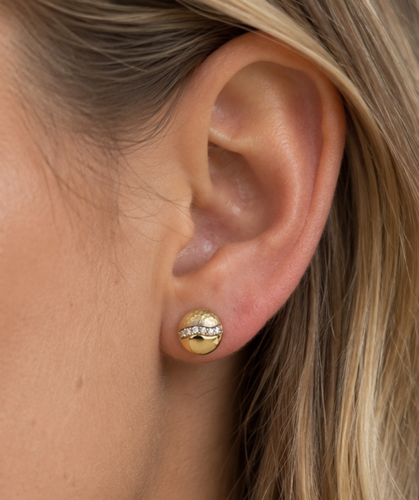 9ct Yellow Gold Hammered Cubic Zirconia Stud Earrings