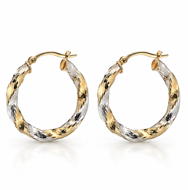 9ct Yellow & White Gold Diamond-Cut 20mm Hoop Earrings