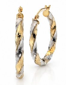 9ct Yellow & White Gold Diamond-Cut 20mm Hoop Earrings