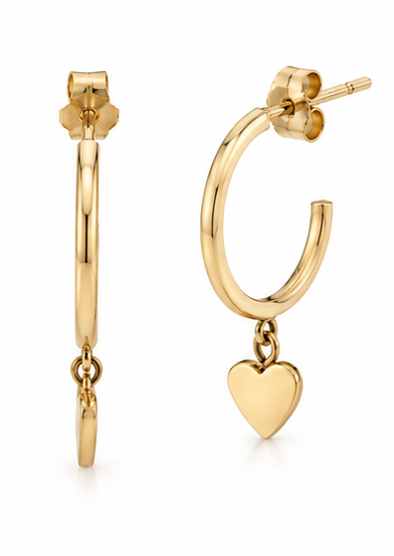 9ct Yellow Gold Heart Charm Hoop Earrings