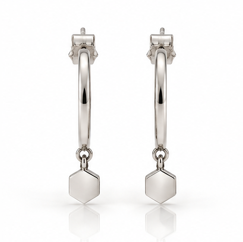 9ct White Gold Hexagon Charm Hoop Earrings