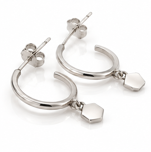9ct White Gold Hexagon Charm Hoop Earrings