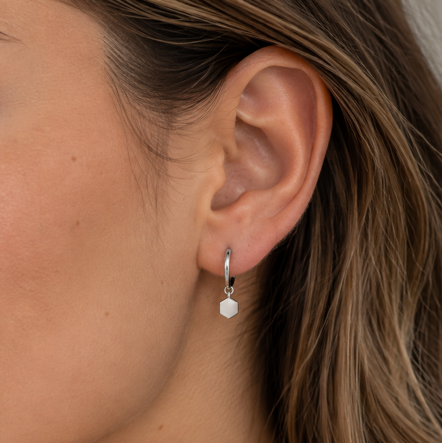 9ct White Gold Hexagon Charm Hoop Earrings