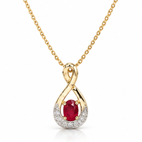 9ct Yellow Gold Ruby & Diamond Teardrop Pendant 18"