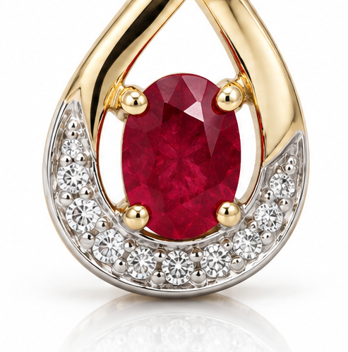 9ct Yellow Gold Ruby & Diamond Teardrop Pendant 18"