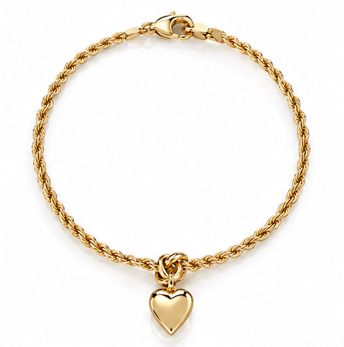 9ct Yellow Gold Rope Chain Heart Charm Bracelet