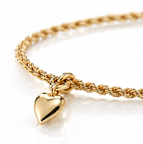 9ct Yellow Gold Rope Chain Heart Charm Bracelet