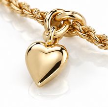 9ct Yellow Gold Rope Chain Heart Charm Bracelet