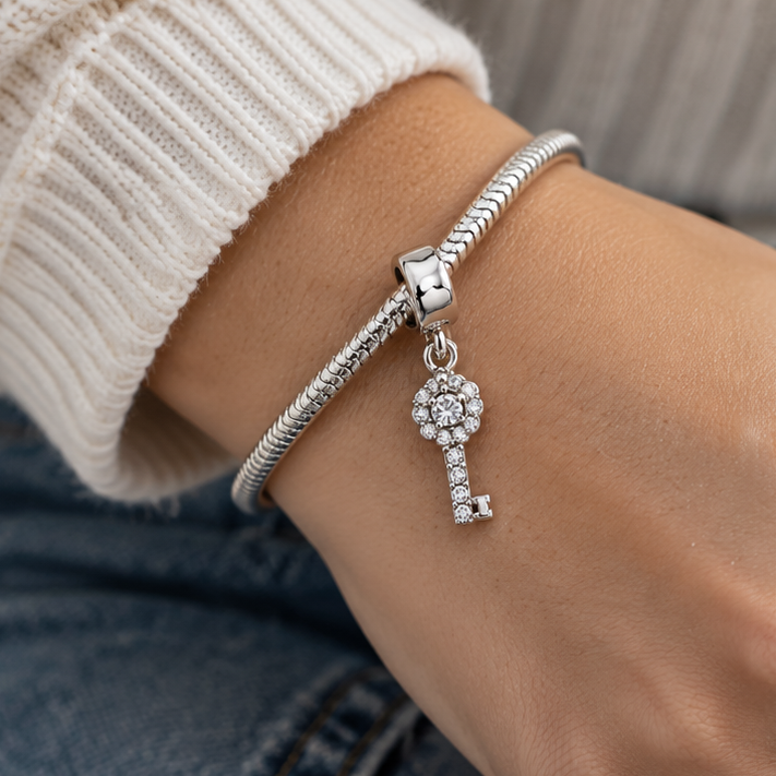 Sterling Silver Crystal 21st Birthday Key Drop Bead Charm
