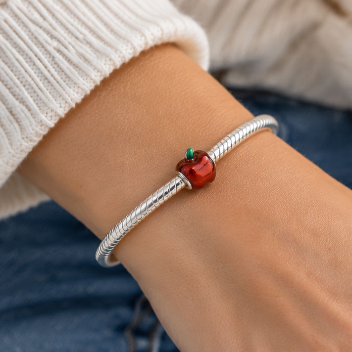 Sterling Silver Red Enamel Apple Bead Charm