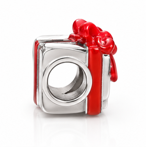 Sterling Silver Red Enamel Gift Box Bead Charm