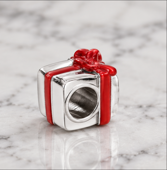 Sterling Silver Red Enamel Gift Box Bead Charm