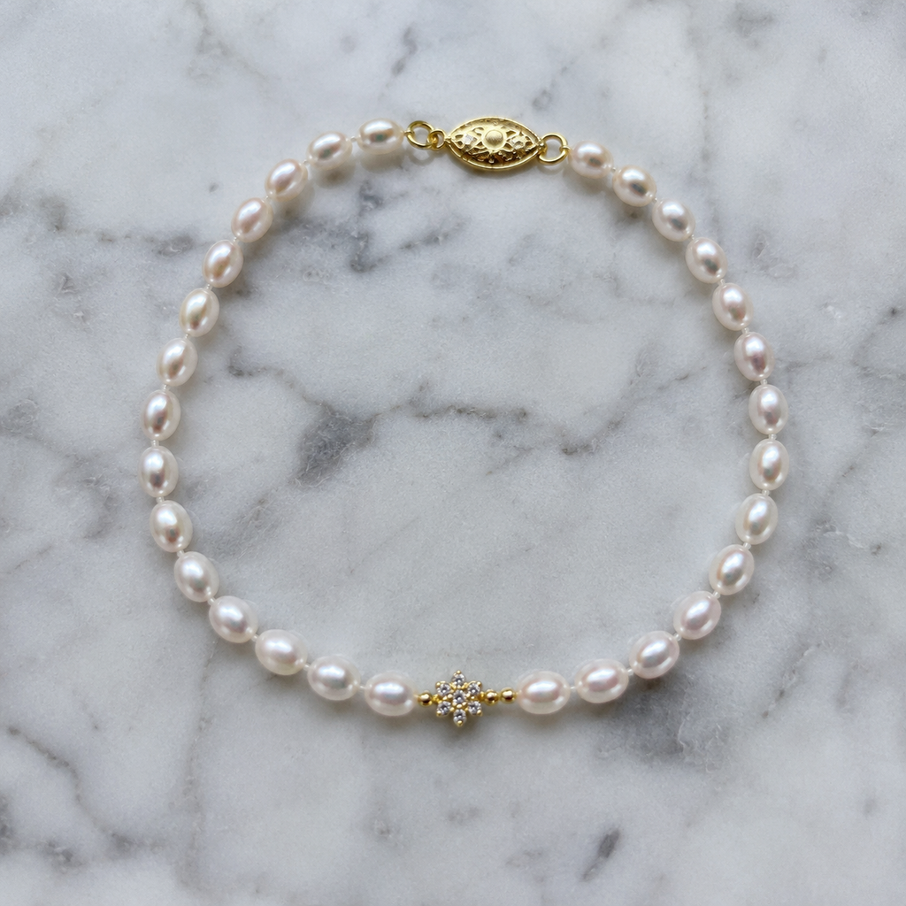 Seed Pearl & Diamond Flower Bracelet in 9ct Yellow Gold