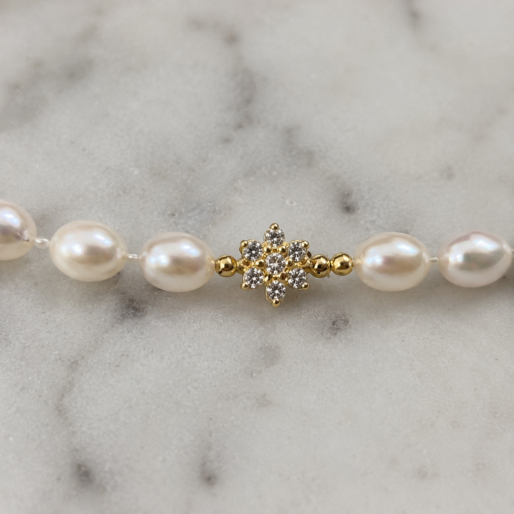 Seed Pearl & Diamond Flower Bracelet in 9ct Yellow Gold