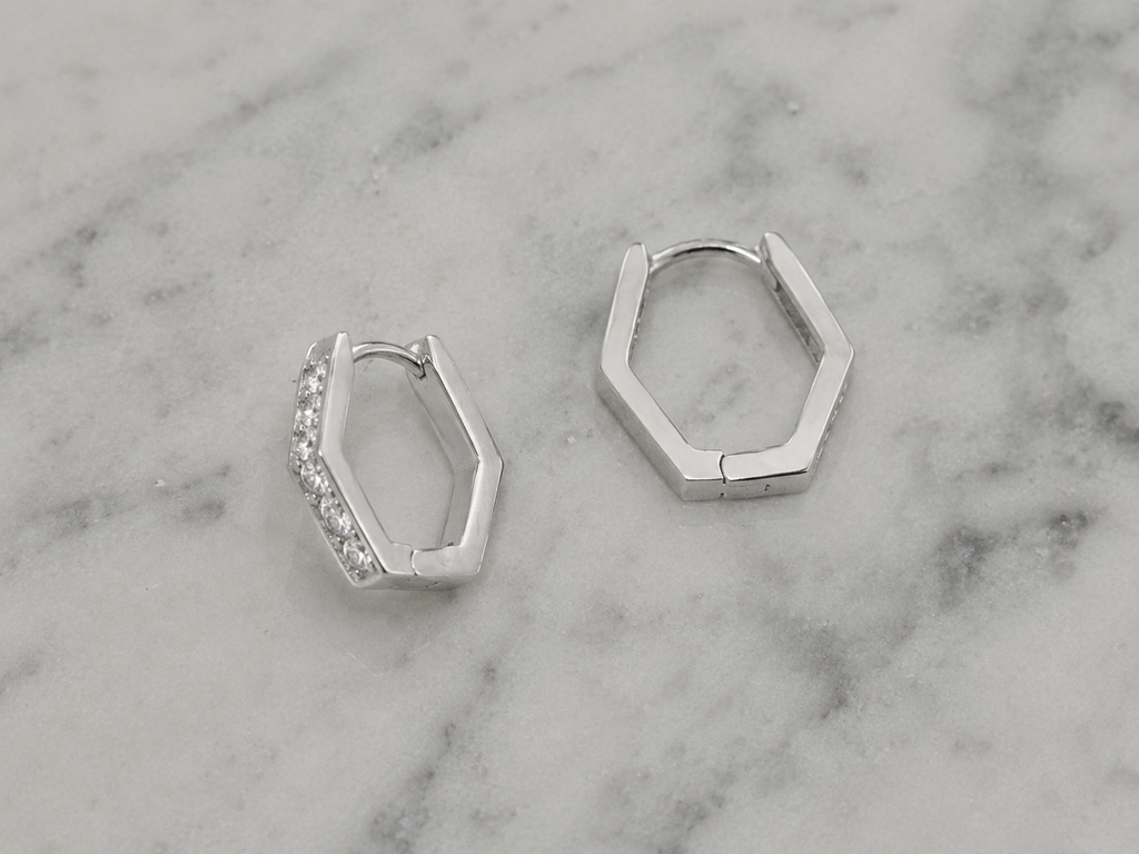 Silver CZ Hexagon Huggie Earrings – Rhodium Plated