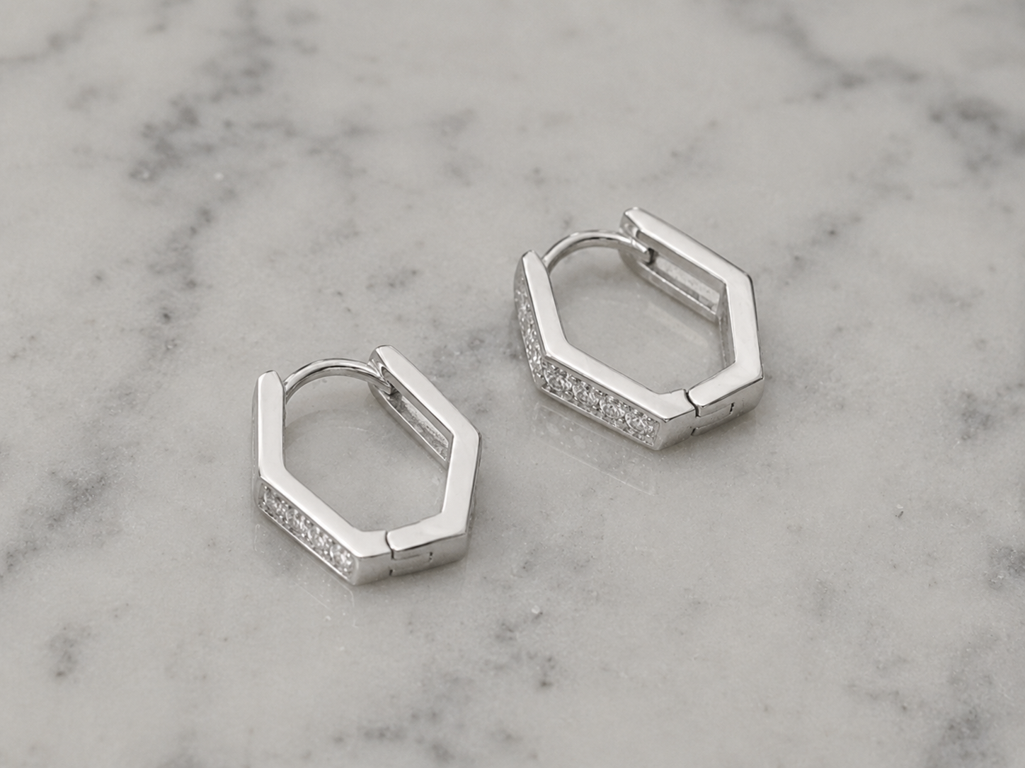 Silver CZ Hexagon Huggie Earrings – Rhodium Plated