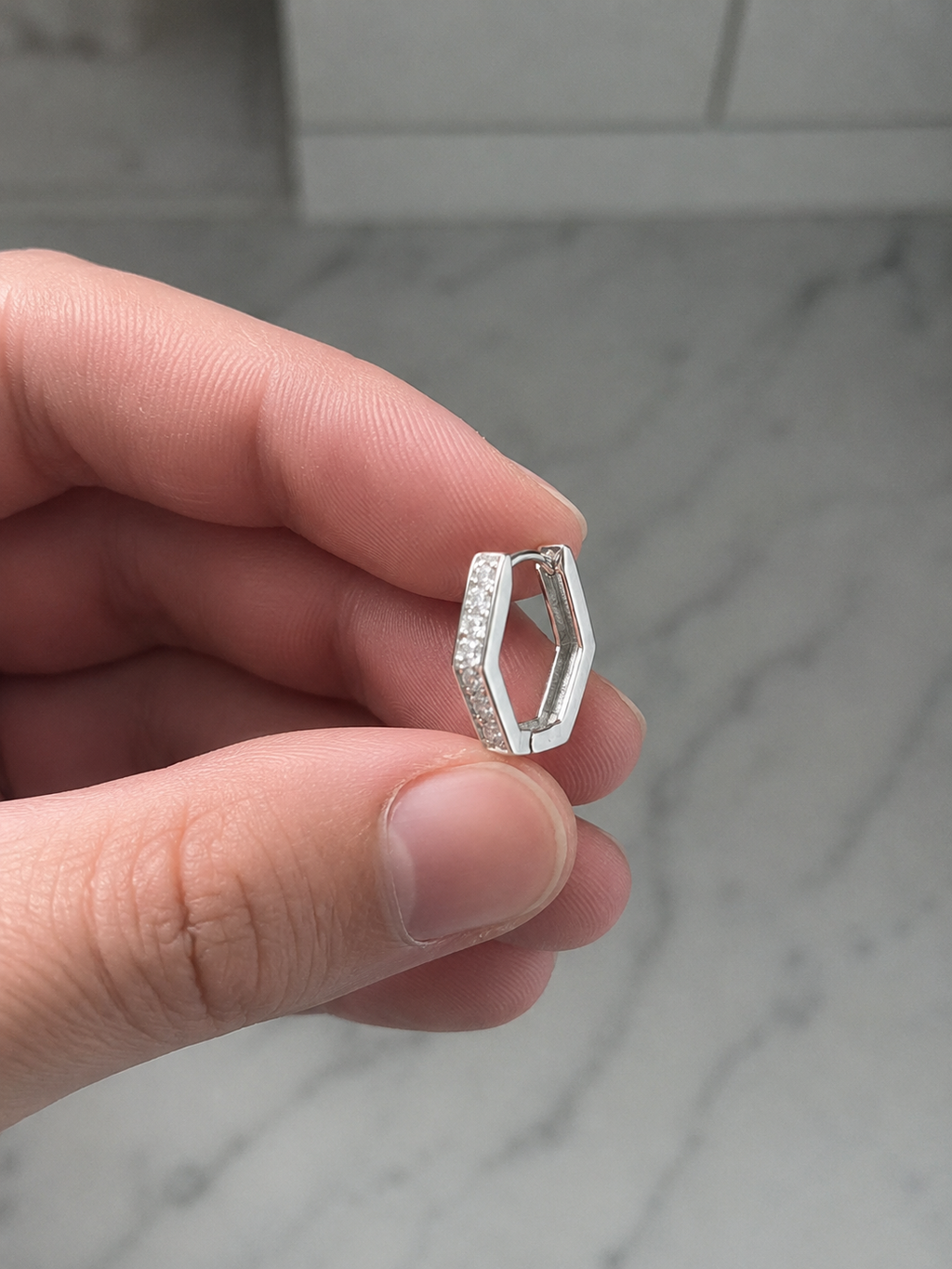 Silver CZ Hexagon Huggie Earrings – Rhodium Plated