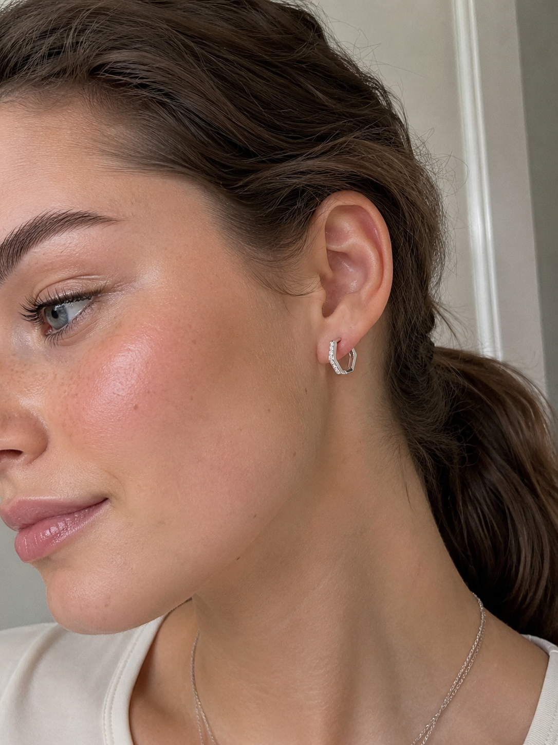 Silver CZ Hexagon Huggie Earrings – Rhodium Plated