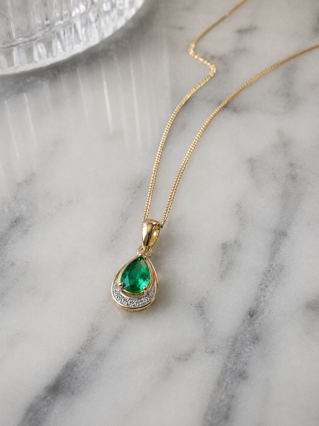Teardrop Emerald & Diamond Pendant Necklace in 9ct Gold