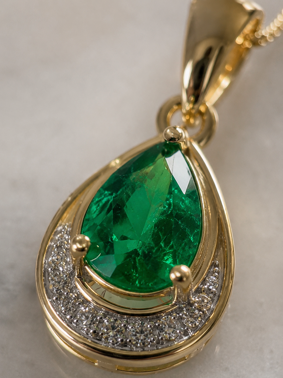 Teardrop Emerald & Diamond Pendant Necklace in 9ct Gold
