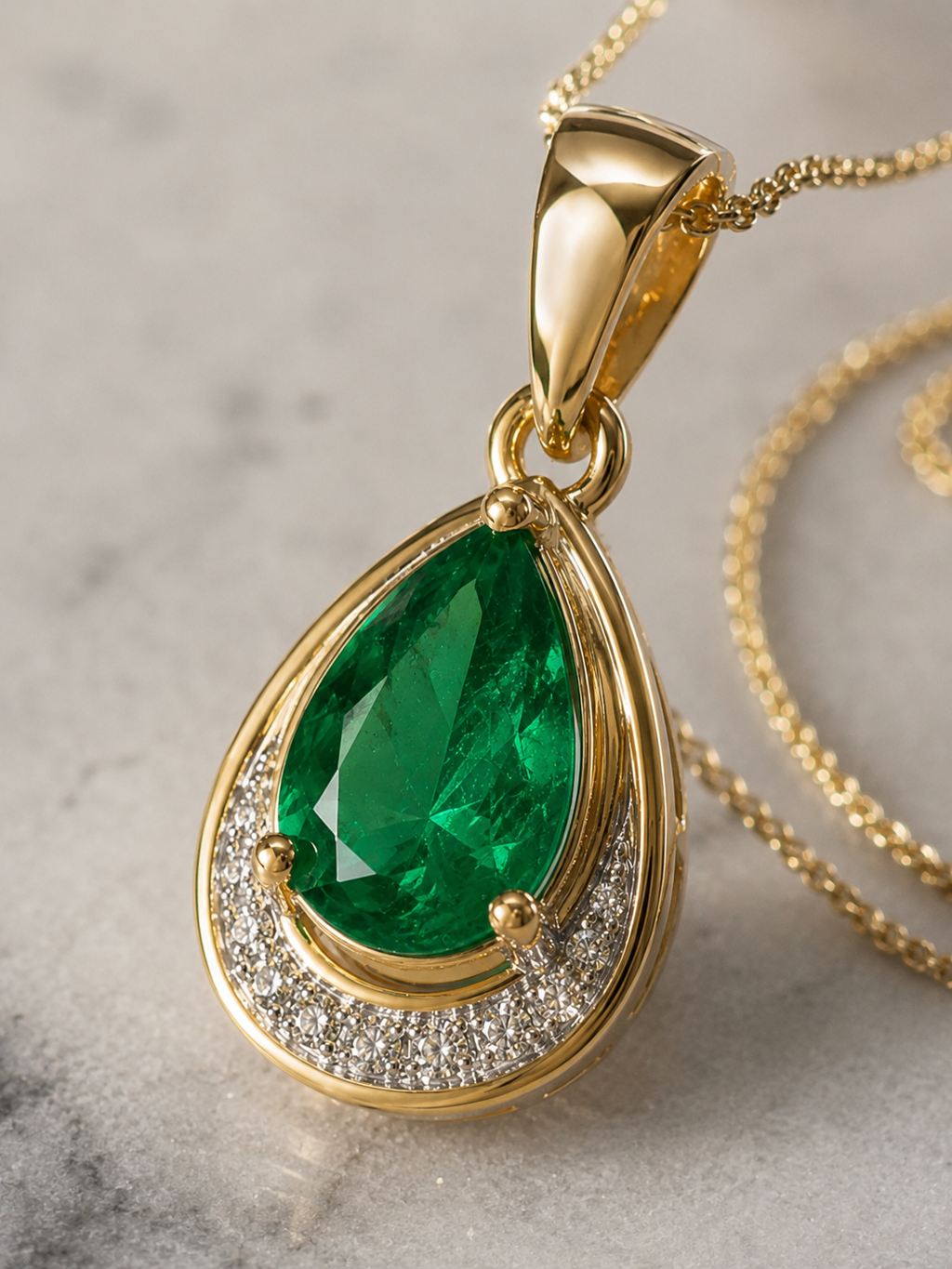 Teardrop Emerald & Diamond Pendant Necklace in 9ct Gold