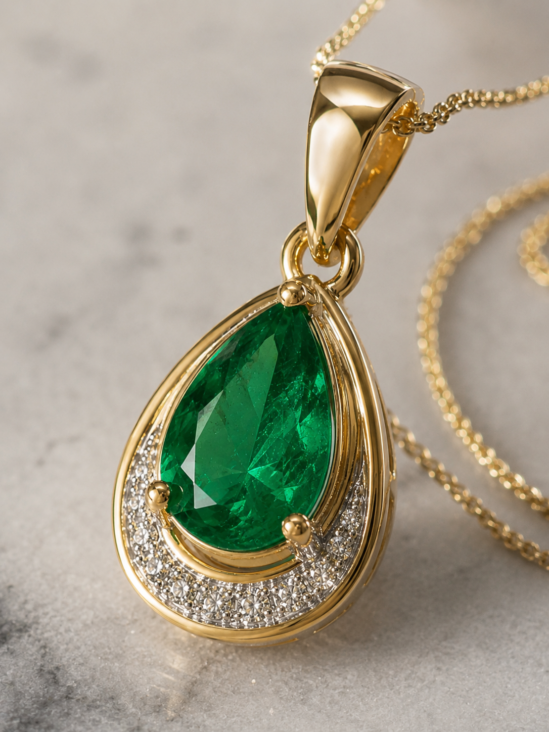 Teardrop Emerald & Diamond Pendant Necklace in 9ct Gold