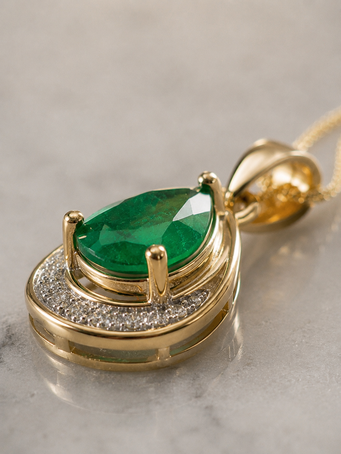 Teardrop Emerald & Diamond Pendant Necklace in 9ct Gold