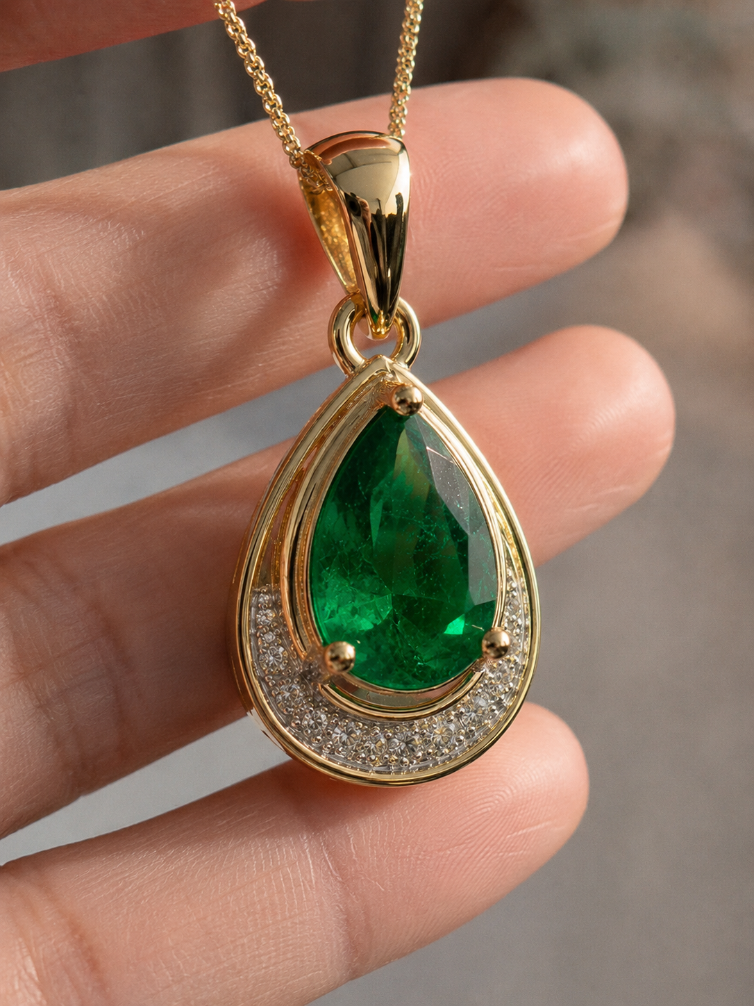 Teardrop Emerald & Diamond Pendant Necklace in 9ct Gold