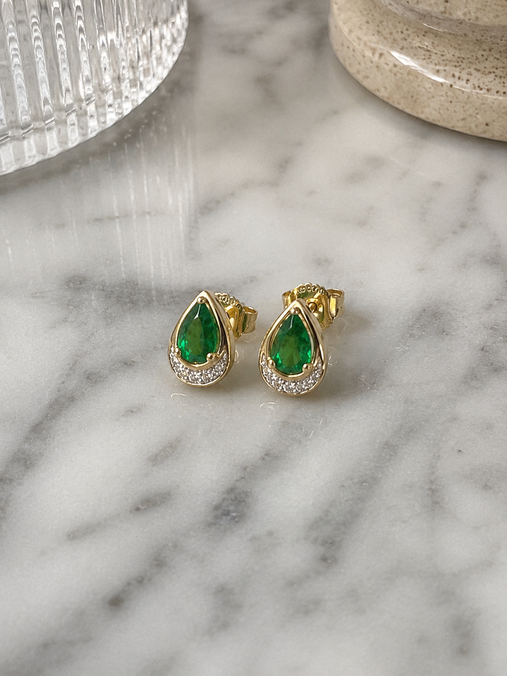 Teardrop Emerald & Diamond Stud Earrings in 9ct Yellow Gold