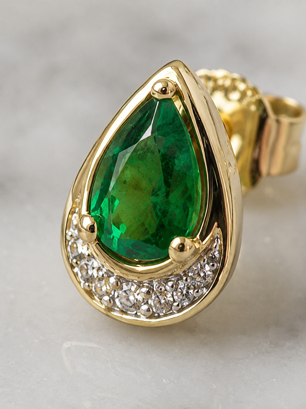 Teardrop Emerald & Diamond Stud Earrings in 9ct Yellow Gold