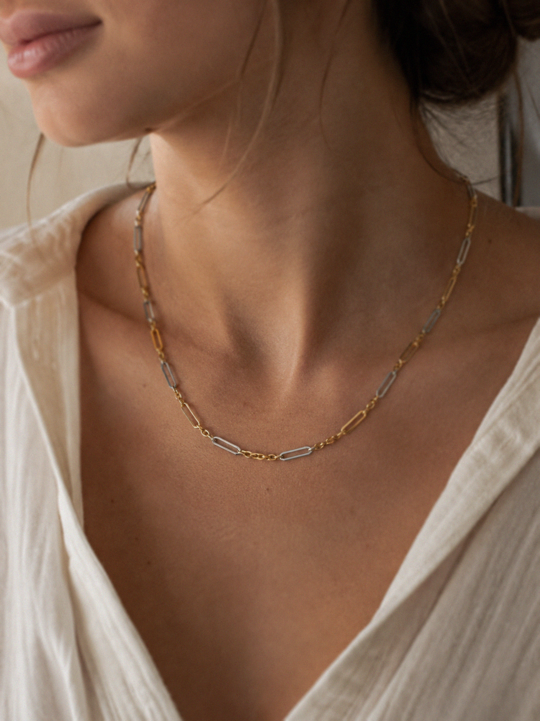 Elongated Link Chain Necklace in 9ct Yellow & White Gold