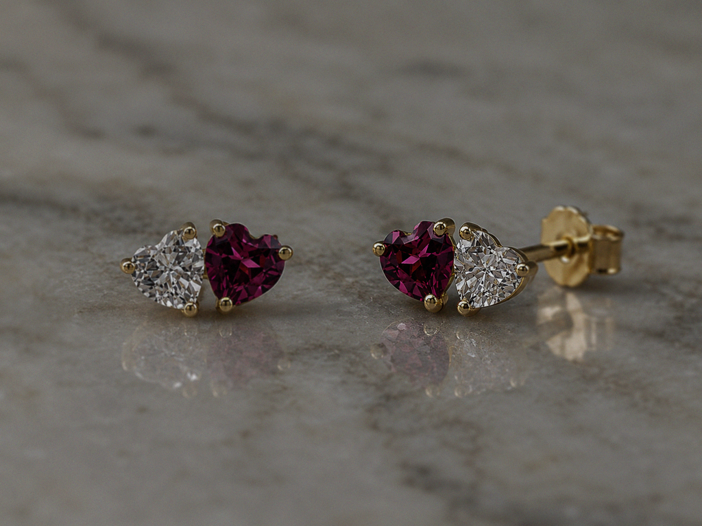 9ct Yellow Gold Toi et Moi Heart Stud Earrings – Rhodolite Garnet & White Topaz