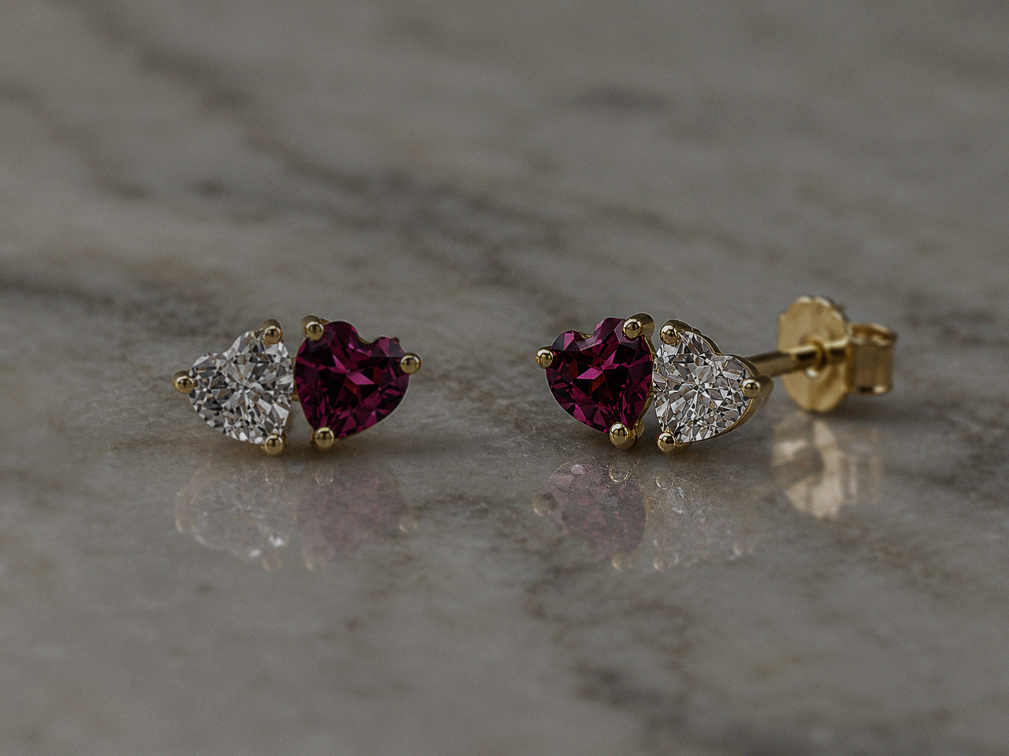 9ct Yellow Gold Toi et Moi Heart Stud Earrings – Rhodolite Garnet & White Topaz