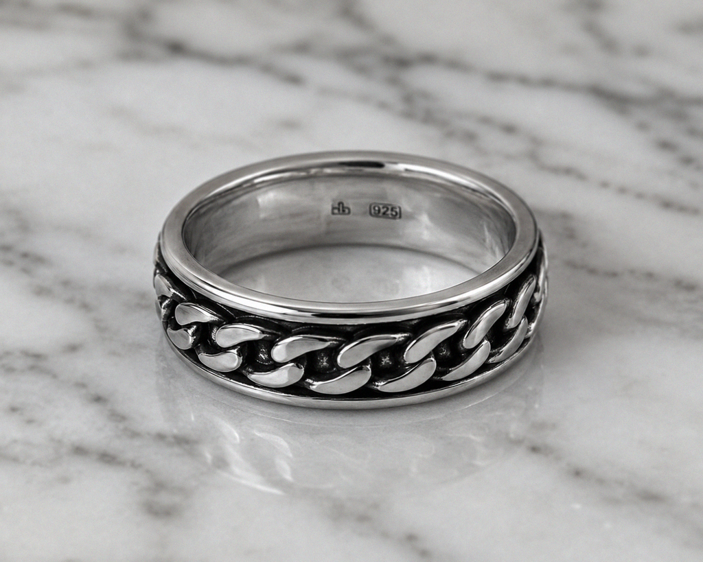 Heavyweight Chain Detail Spinner Ring – Solid Sterling Silver