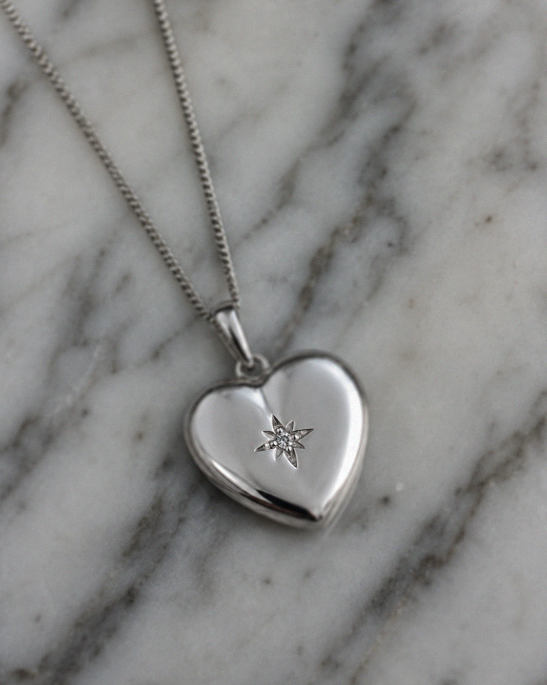 Sterling Silver Heart Locket Pendant Necklace - Starburst Details