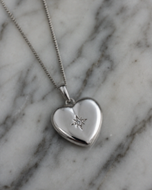 Sterling Silver Heart Locket Pendant Necklace - Starburst Details