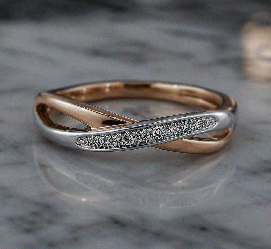9ct White & Rose Gold Twist Ring with Pavé Diamonds