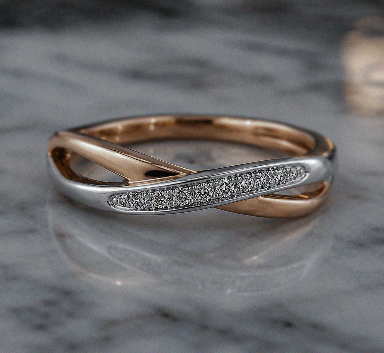 9ct White & Rose Gold Twist Ring with Pavé Diamonds