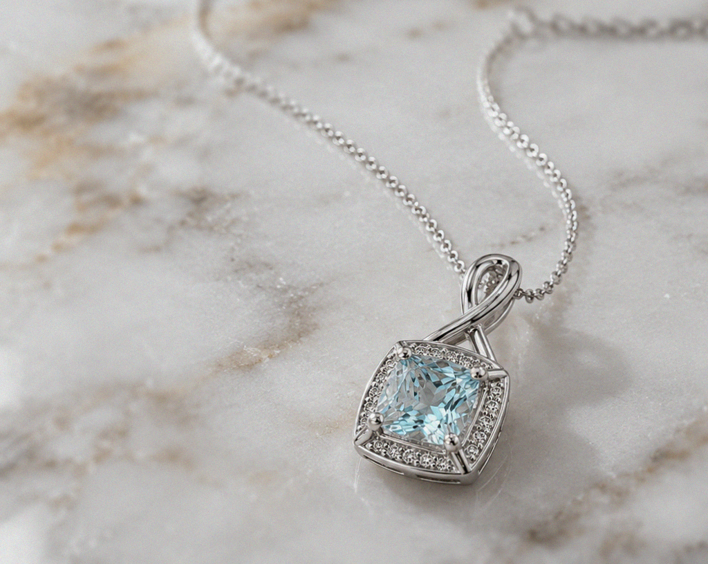 9ct White Gold Aquamarine & Diamond Twist Pendant with Diamond-Cut Curb Chain
