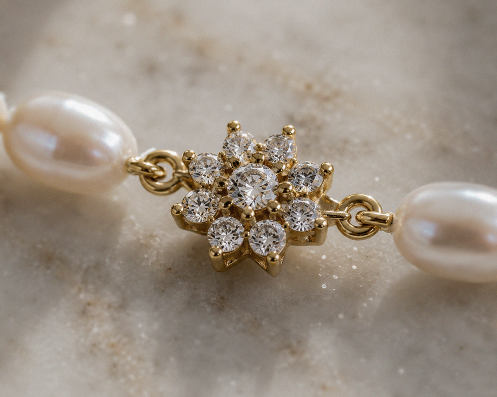 9ct Yellow Gold Freshwater Pearl & Diamond Flower Necklace