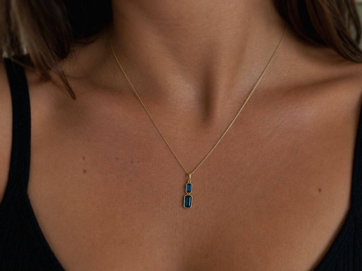 9ct Yellow Gold London Blue Topaz Drop Necklace - Emerald Cut Double Stone (45cm)