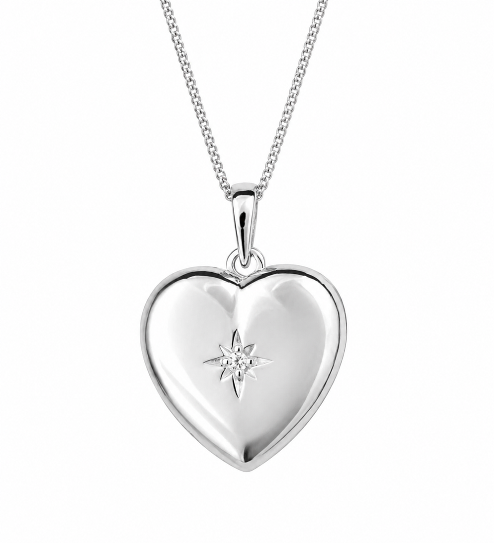 Sterling Silver Heart Locket Pendant Necklace - Starburst Details