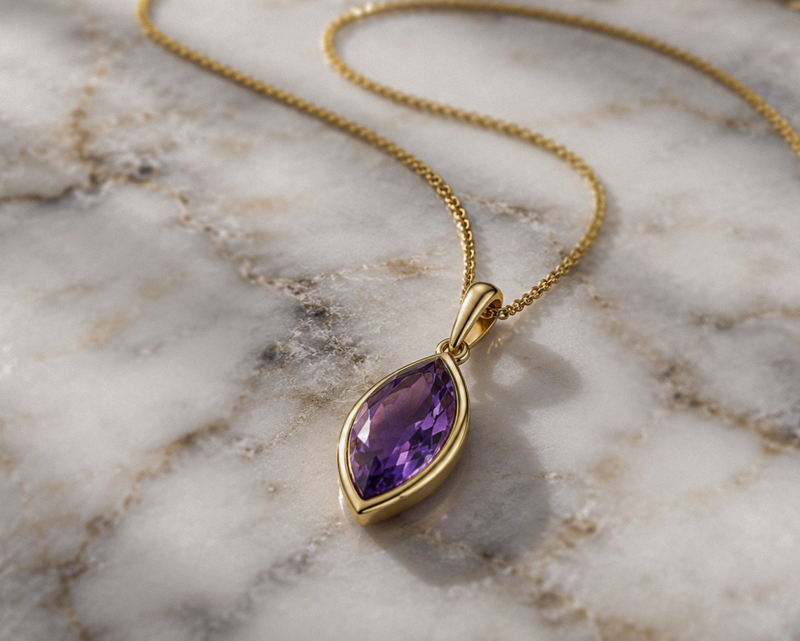 9ct Yellow Gold Flame Cut Amethyst Pendant Necklace