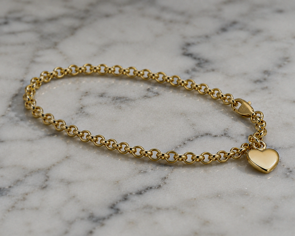 14ct Yellow Gold Belcher Bracelet with Heart Charm – 7”