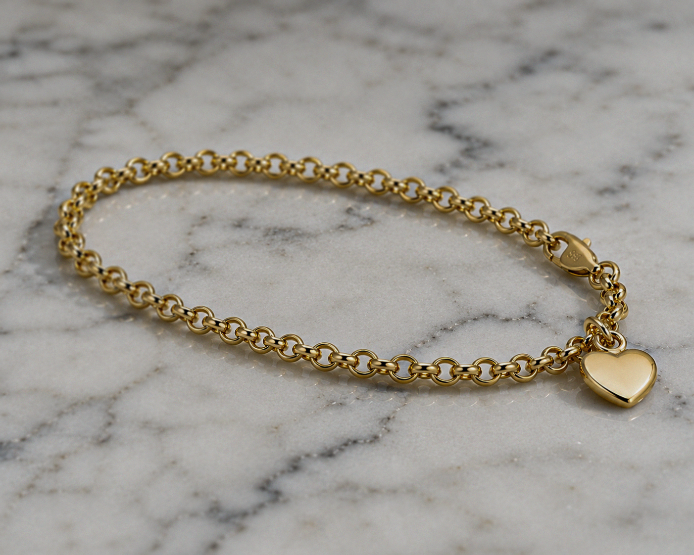 14ct Yellow Gold Belcher Bracelet with Heart Charm – 7”