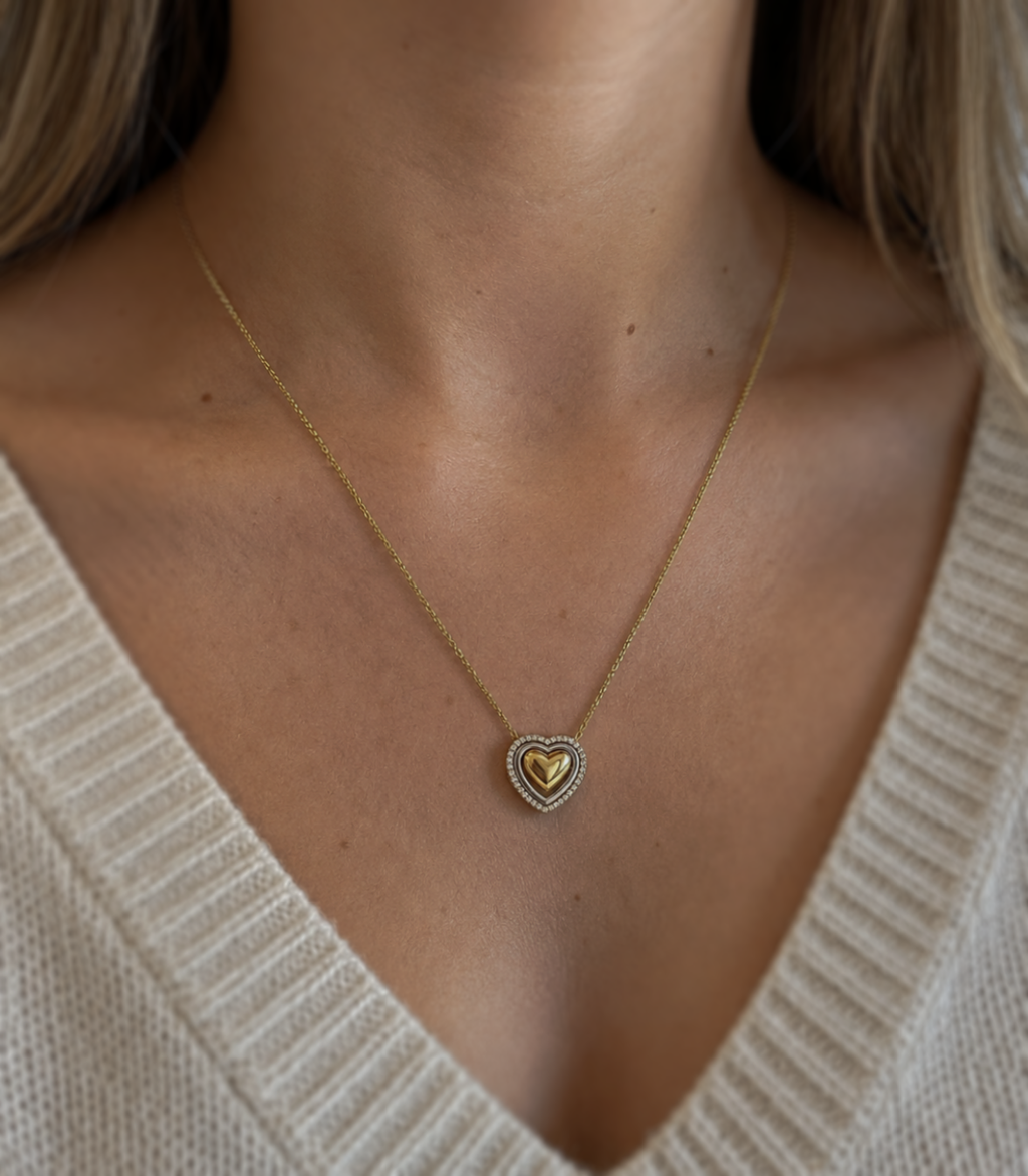 9ct Two-Tone Gold Cubic Zirconia Triple Heart Necklace 16–17 Inch
