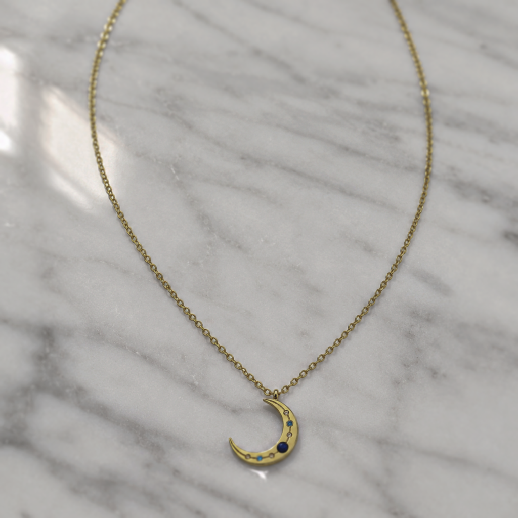 Sterling Silver Lapis & Cubic Zirconia Moon Necklace