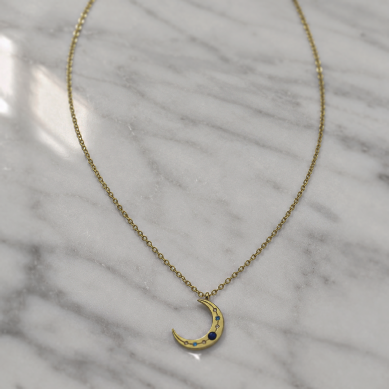 Sterling Silver Lapis & Cubic Zirconia Moon Necklace