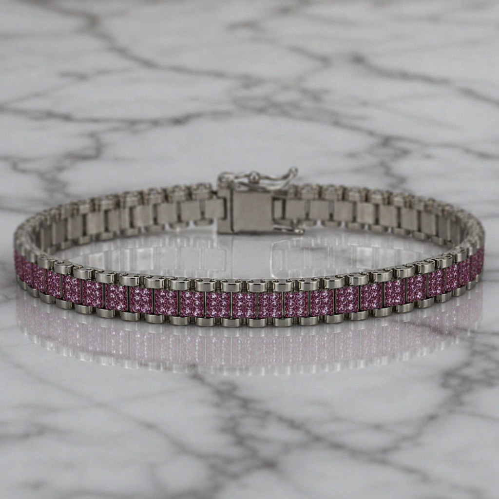 Children's Sterling Silver Pink Cubic Zirconia Brickwork Bracelet